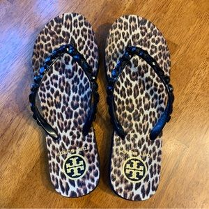 Tory Burch Jeweled Leopard Print Flip Flops